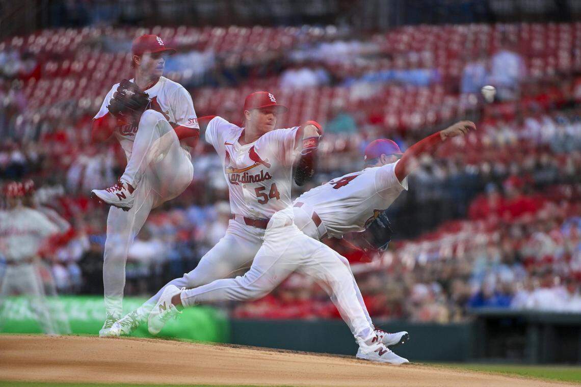 Apr 9, 2024; St. Louis, Missouri, USA;  (editors note: multiple exposure image) St. Louis Cardinals starting pitcher Sonny Gray (54) pitches against the Philadelphia Phillies during the first inning at Busch Stadium. Mandatory Credit: Jeff Curry-USA TODAY Sports
