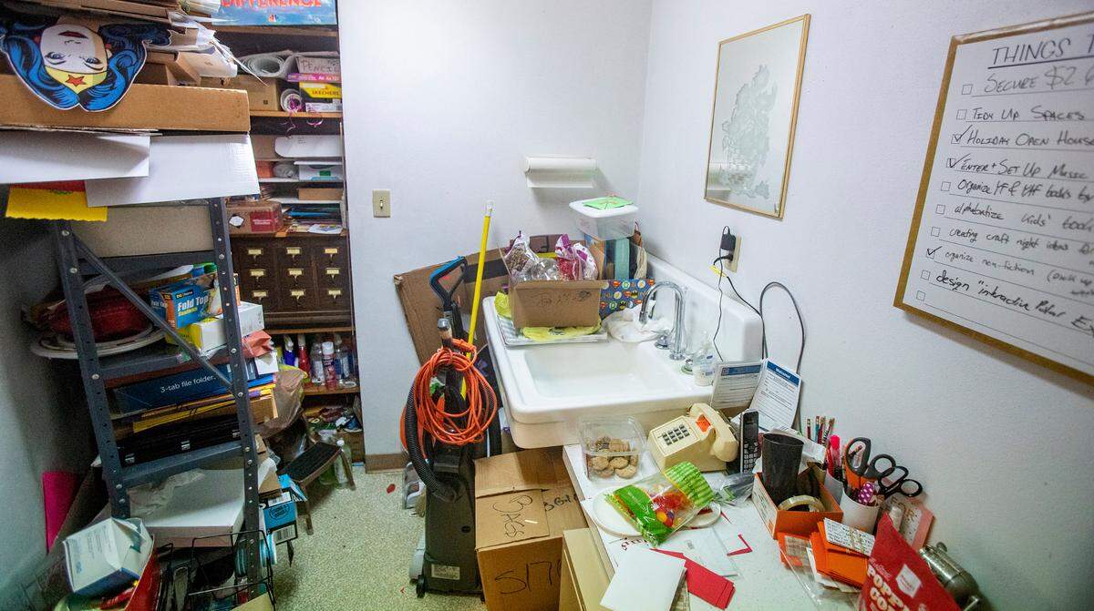 Millstadt Library Director Nichole Lauko’s office is also used for storage and holding cleaning supplies.