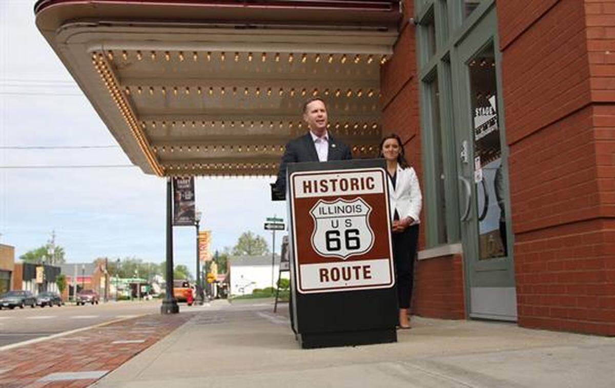 U.S. Rep. Rodney Davis, R-Illinois, and Illinois State Rep. Avery Bourne, R-Raymond, pose at the Wildey Theater in Edwardsville.