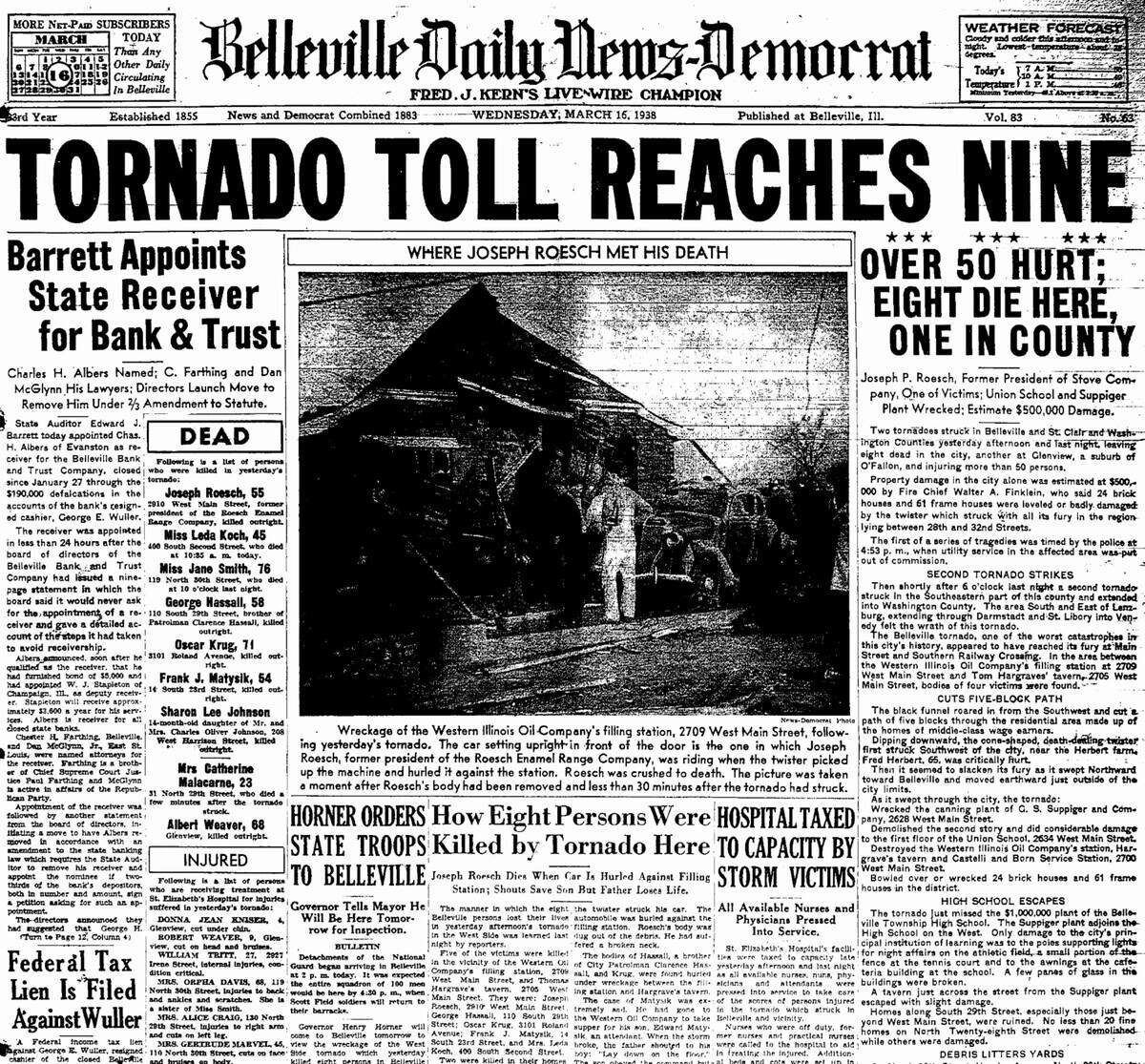 Front page of the Belleville News-Democrat on March 16, 1938.