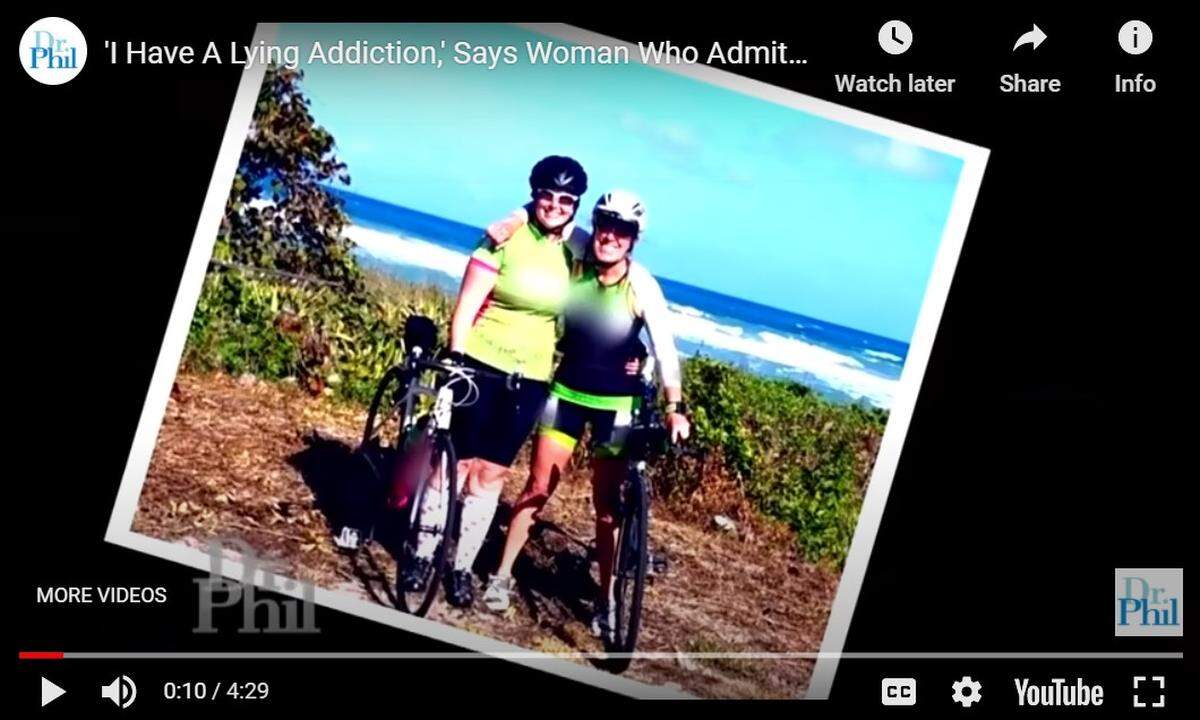 This photo of Sarah Delashmit, left, and Liz Hickox, taking a break from a bike ride, was displayed during a 2019 taping of the “Dr. Phil” show.