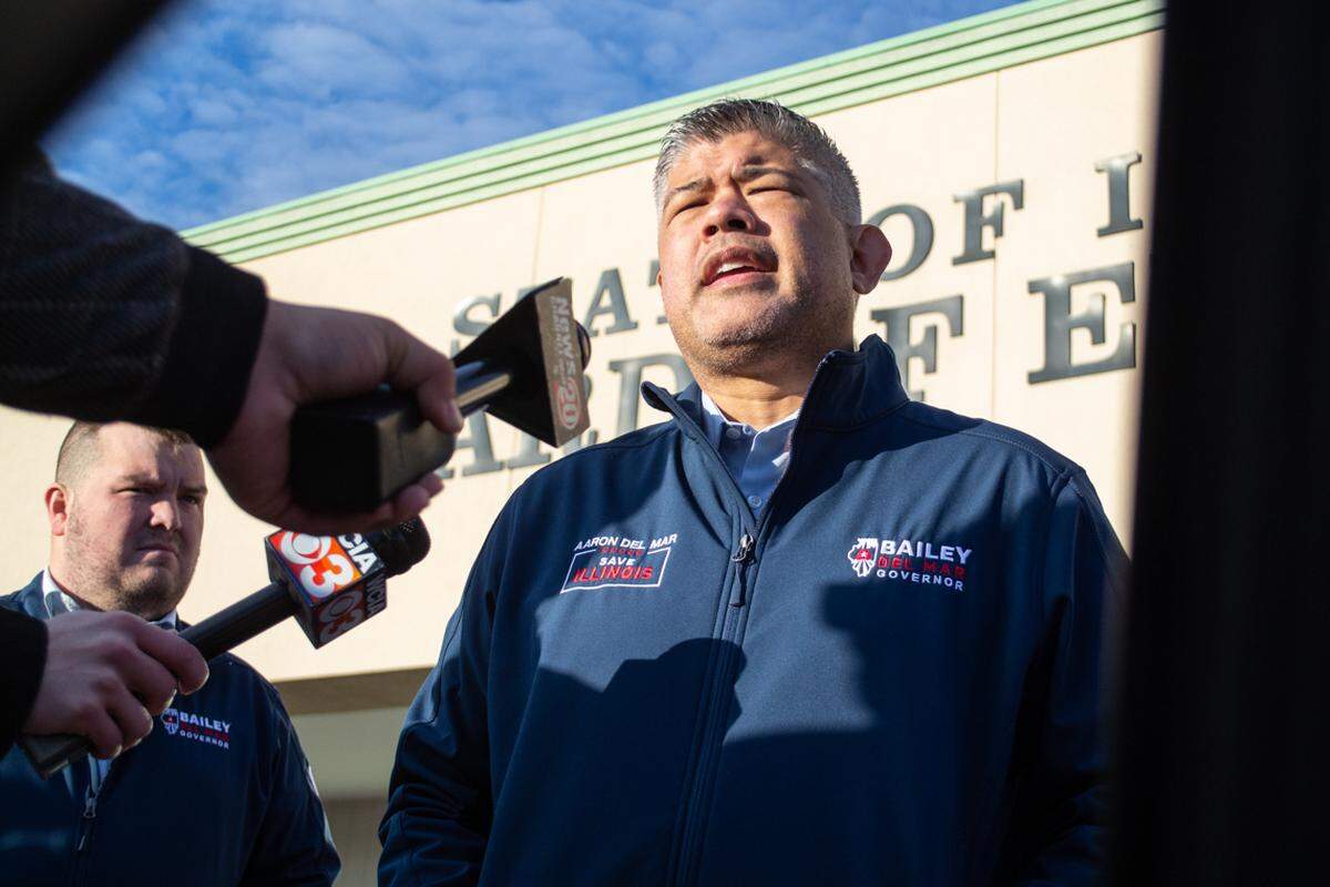 Cook County Republican Party Chair Aaron Del Mar speaks to reporters on Monday, Oct. 27, after submitting nominating petitions for former state Sen. Darren Bailey’s campaign for governor. Del Mar is the running mate to Bailey, who is dealing with the loss of his son, daughter-in-law and two grandkids in a recent helicopter crash.