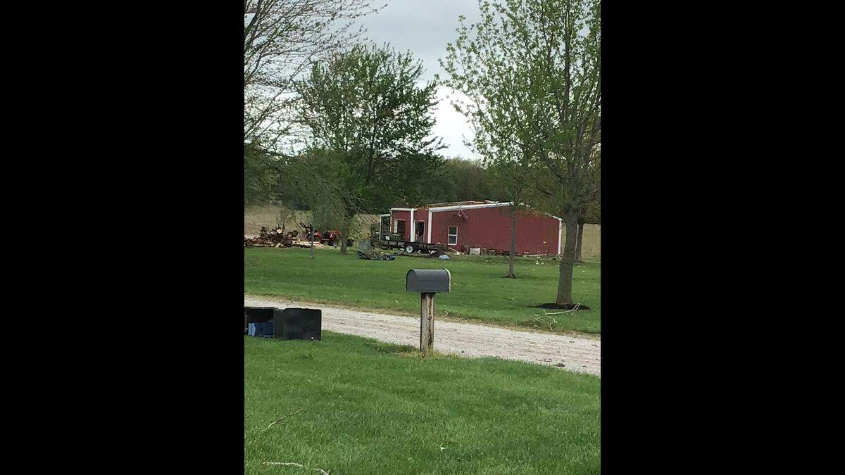 Outbuilding damaged during April 15, 2023 tornadoes that touched down in Monroe and St. Clair counties. This damaged building is off of Maus Road in Monroe County.