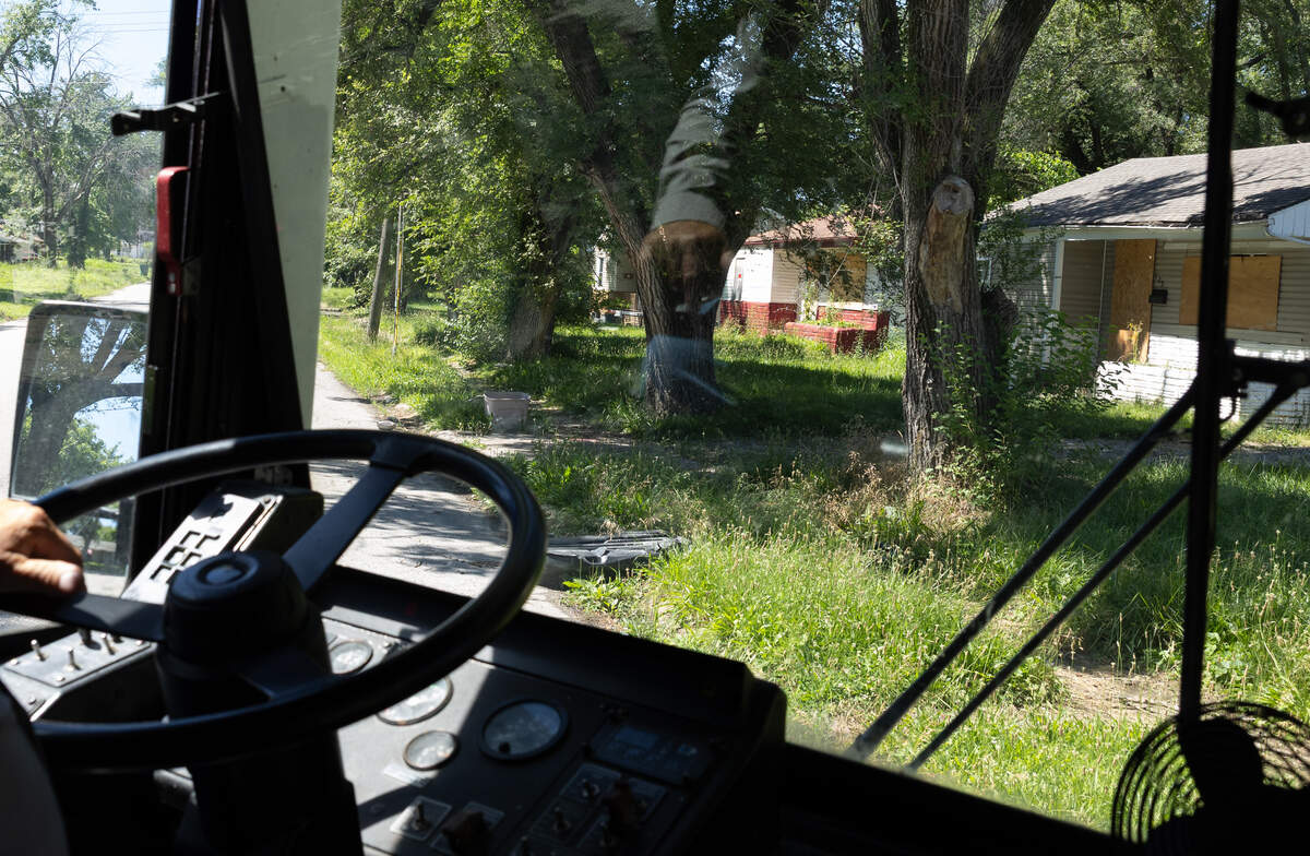 The bus touring Illinois Environmental Protection Agency officials through the metro-east’s contaminated sites passes a row of boarded up and abandoned homes on Terrace Drive in East St. Louis.