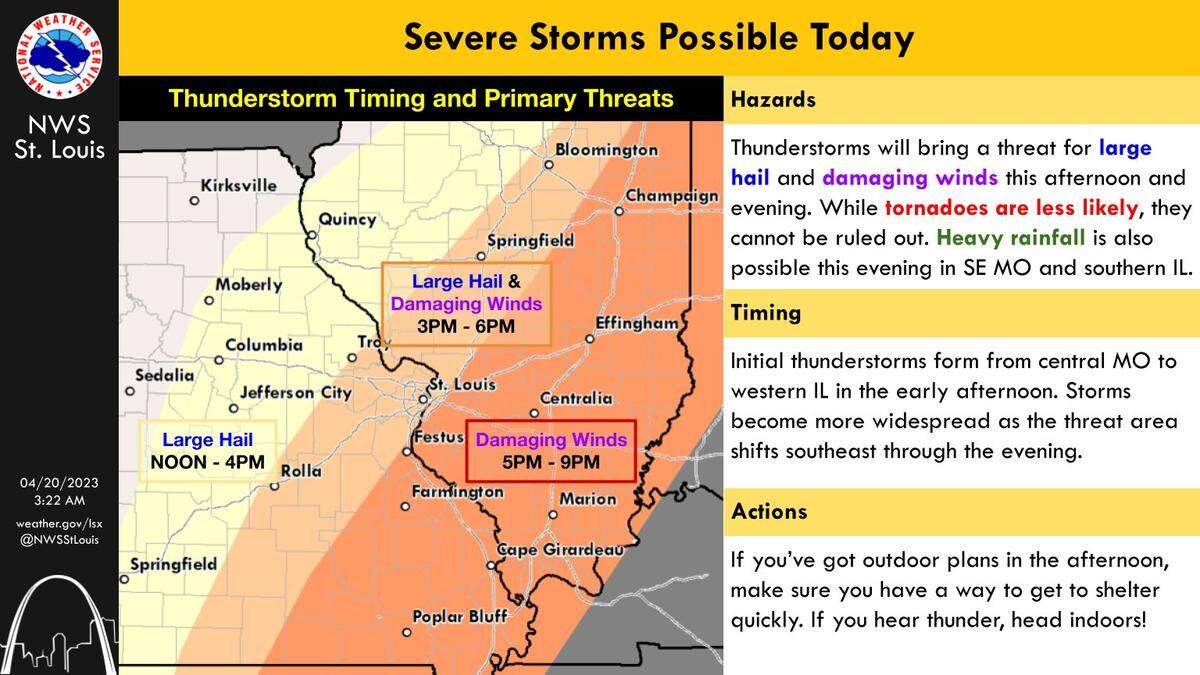 According to Mark Britt, a meteorologist with the National Weather Service of St. Louis, a line of storms could impact the area beginning at 4 p.m. Thursday. The primary threats, Britt noted, are large hail and damaging winds, with the slight possibility of a tornado or two developing.