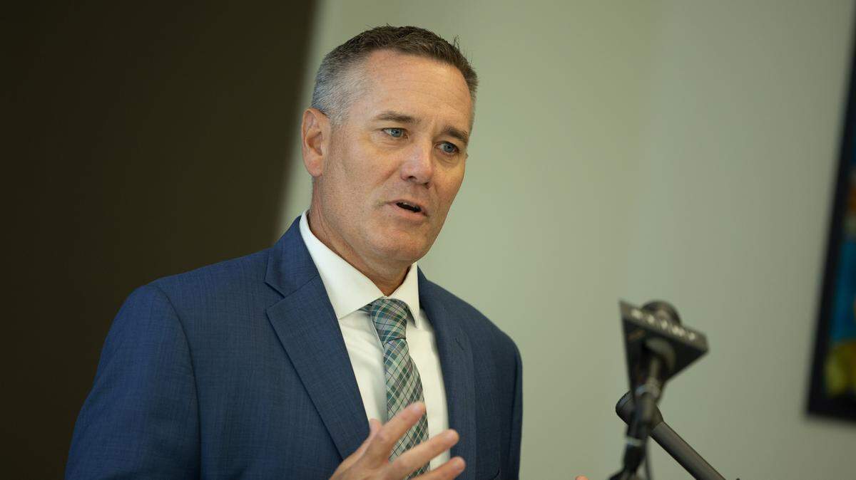 Chris Klay, CEO of HSHS St. Elizabeth’s, speaks at a news conference regarding a multi-million dollar expansion of the hospital, including an expanded emergency department and increased imaging technology.
