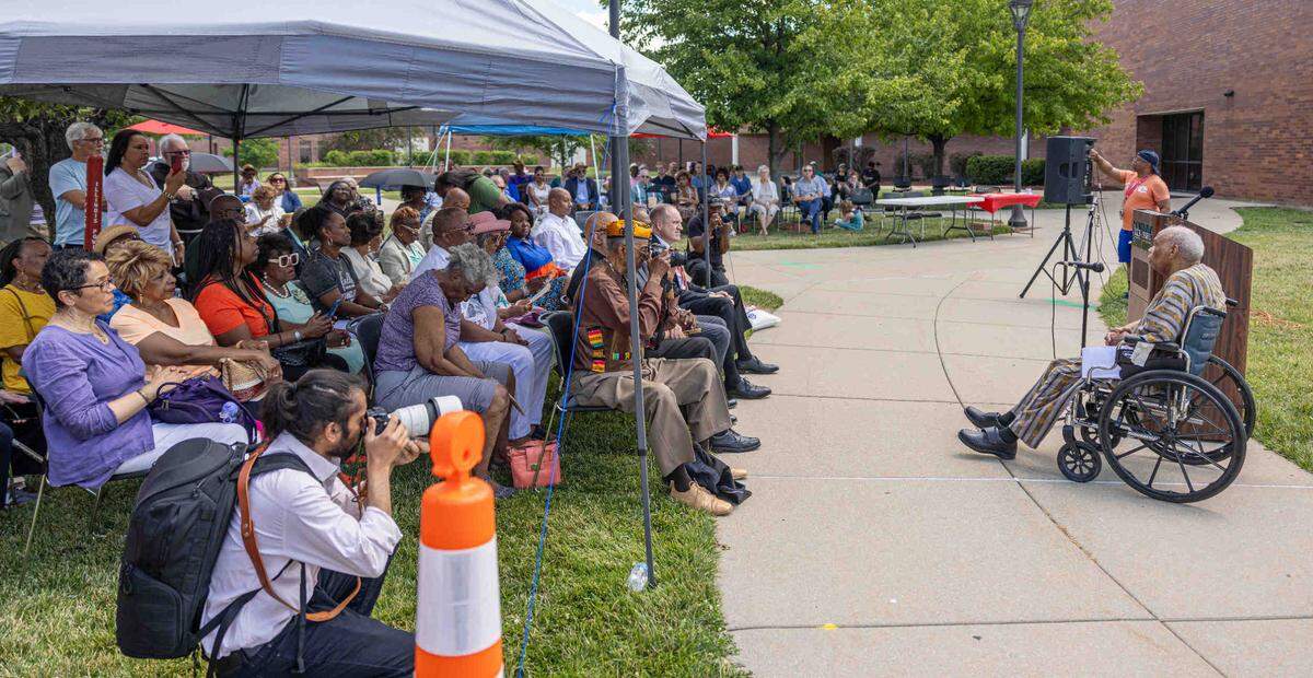 Reginald Petty, local civic leader and founder of the East St. Louis Historical Society, speaks Sunday, July 2, 2023, during the dedication of the historical marker commemorating the 1917 East St. Louis Race Massacre. On July 2, 1917, Black men, women and children were attacked by mobs of angry white people. Thirty-nine Black people and 8 white people were killed, according to the official count, though the NAACP and others estimated between 100 and 200 Black people lost their lives.
