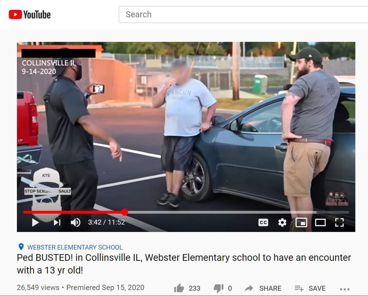 This screen shot from a YouTube video shows Kyle Swanson, right, a leader of KTS Predator Hunters, and another group member confronting a Missouri man caught in a sting-like operation on Sept. 14 in the Webster Elementary School parking lot in Collinsville. The man’s face is blurred and his name is blackout out because he hasn’t been charged with a crime.
