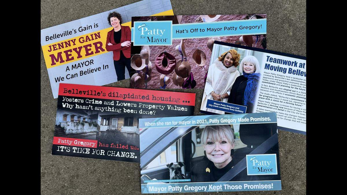 This collage shows the first wave of postcards sent to Belleville residents by the campaign committees of Mayor Patty Gregory and her challenger, City Clerk Jenny Gain Meyer. The election will be held April 1.