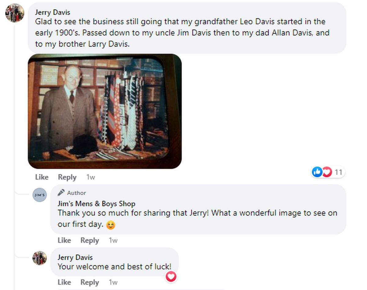 screenshot from the Jim’s Suits & Tuxedos Facebook page