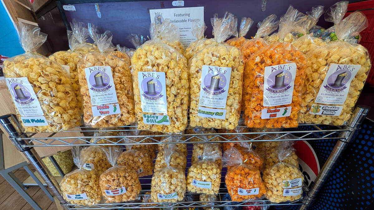 A variety of dill and pickle flavored popcorn at Abe's Gourmet Popcorn
