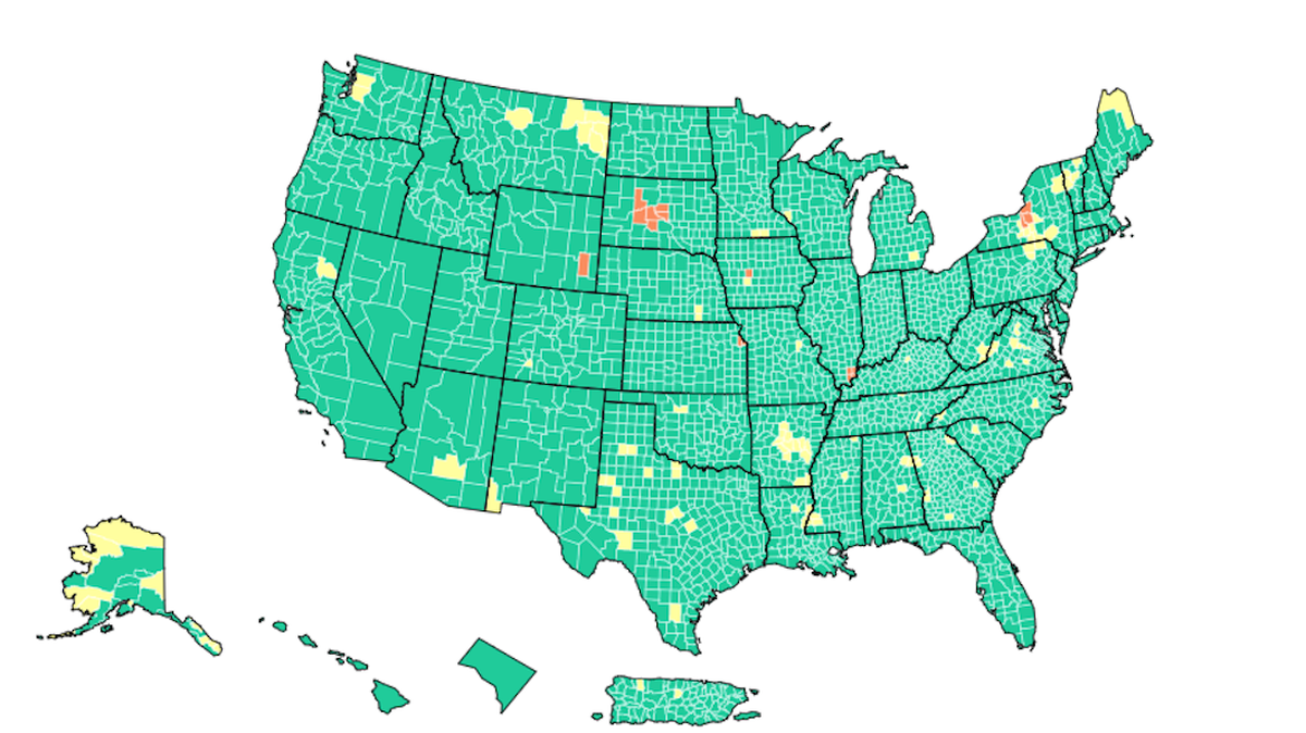 This map of the U.S. shows COVID community levels by county as of April 7, 2022.