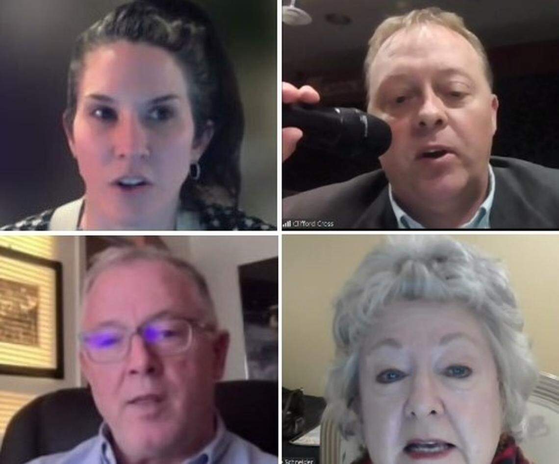 Key players in the Mount Hope solar project are shown at a Zoom meeting in December. They are, clockwise from top left, Rachael Cornick, director of operations for Shine Development Partners; Cliff Cross, Belleville director of economic development, planning and zoning; E. Gayle Schneider, founder of Friends of Mount Hope Cemetery; and Dan Hancock, senior commercial project developer for StraightUp Solar.