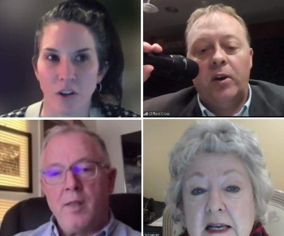 Key players in the Mount Hope solar project are shown at a Zoom meeting in December. They are, clockwise from top left, Rachael Cornick, director of operations for Shine Development Partners; Cliff Cross, Belleville’s former director of economic development, planning and zoning; E. Gayle Schneider, founder of Friends of Mount Hope Cemetery; and Dan Hancock, senior commercial project developer for StraightUp Solar.