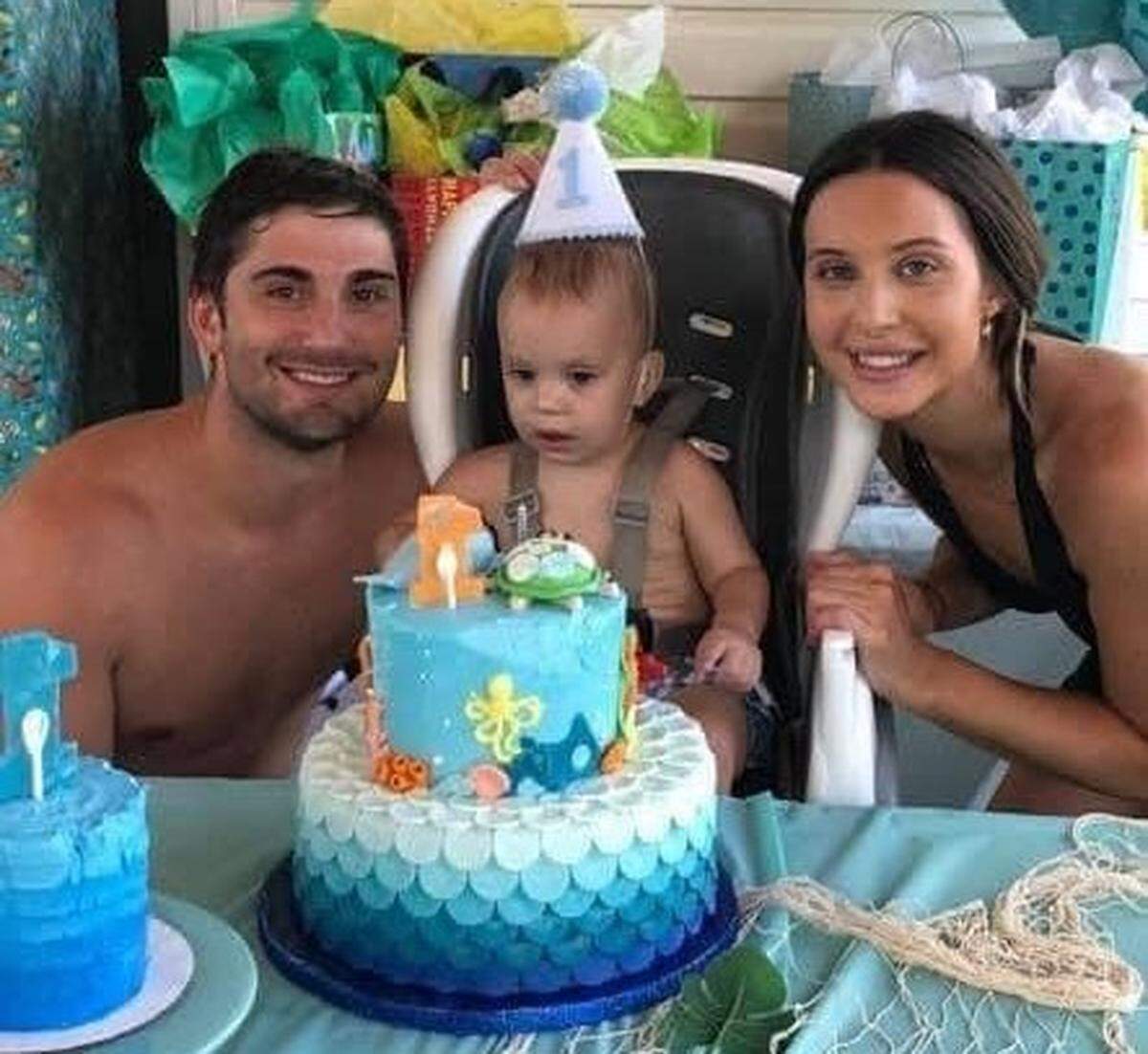 Clayton Augustine, 27, is pictured with his fiance, Sarah Lamonica, and their son, Nolan, at his first birthday party. Augustine died of an overdose on Oct. 20, 2021. A family friend pleaded guilty to drug-induced homicide on April 11.