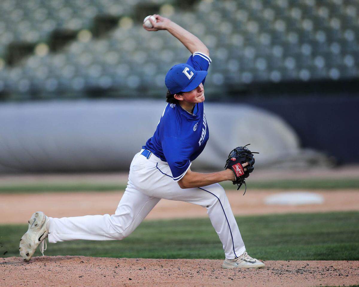 Columbia’s Brady Mathews delivers a pitch during Saturday’s IHSA Class 2A state championship against Joliet Catholic Academy at Dozer Park in Peoria. Columbia ultimately fell 4-2 to Joliet.
