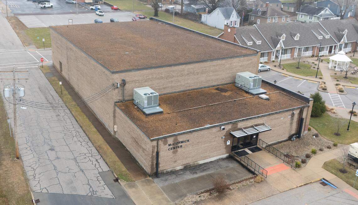 This drone photo shows the McCormick Center at 301 S. First St. in Belleville. It’s part of Cathedral of St. Peter Catholic Church, which has offered its use as a warming center during frigid weather.