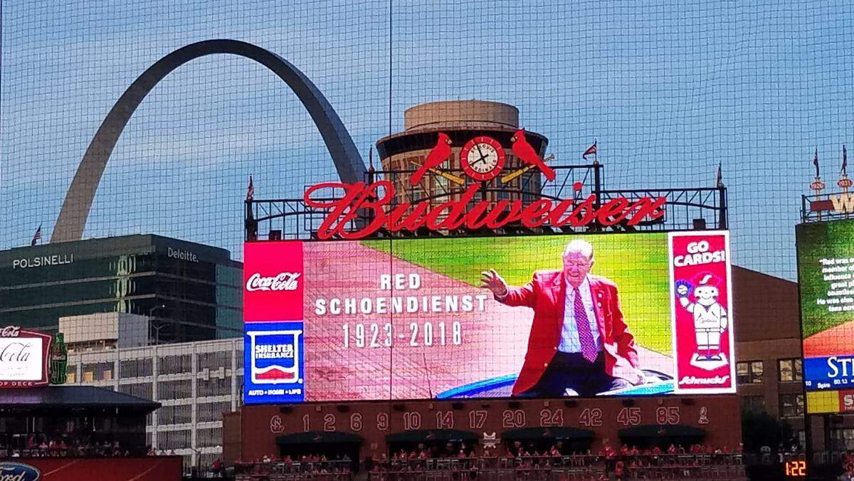 The Busch Stadium scoreboard pays tribute to Red Schoendienst prior to the Cardinals game with the Miami Marlins on Wednesday. Schoendienst died at his home earlier in the day.
