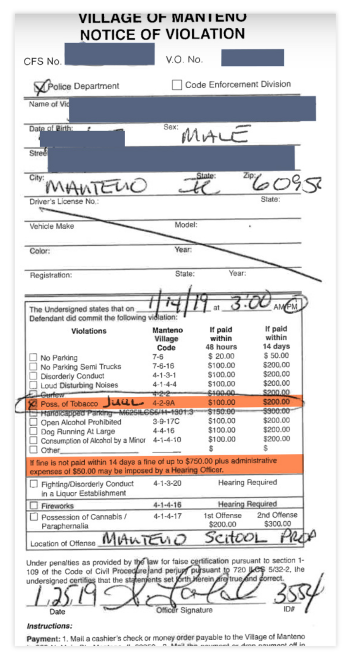 The ticket issued to Amanda Piker’s son for tobacco possession lists an initial fine of $100 that would rise rapidly if not paid within 48 hours.