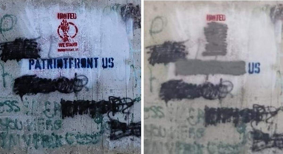 It’s believed that members of the white nationalist group Patriot Front stenciled and spray-painted graffiti, left, on a concrete base for an Interstate 270 overpass in Granite City. Illinois Department of Transportation workers covered some of it, leaving “US” and ‘UNITED.”