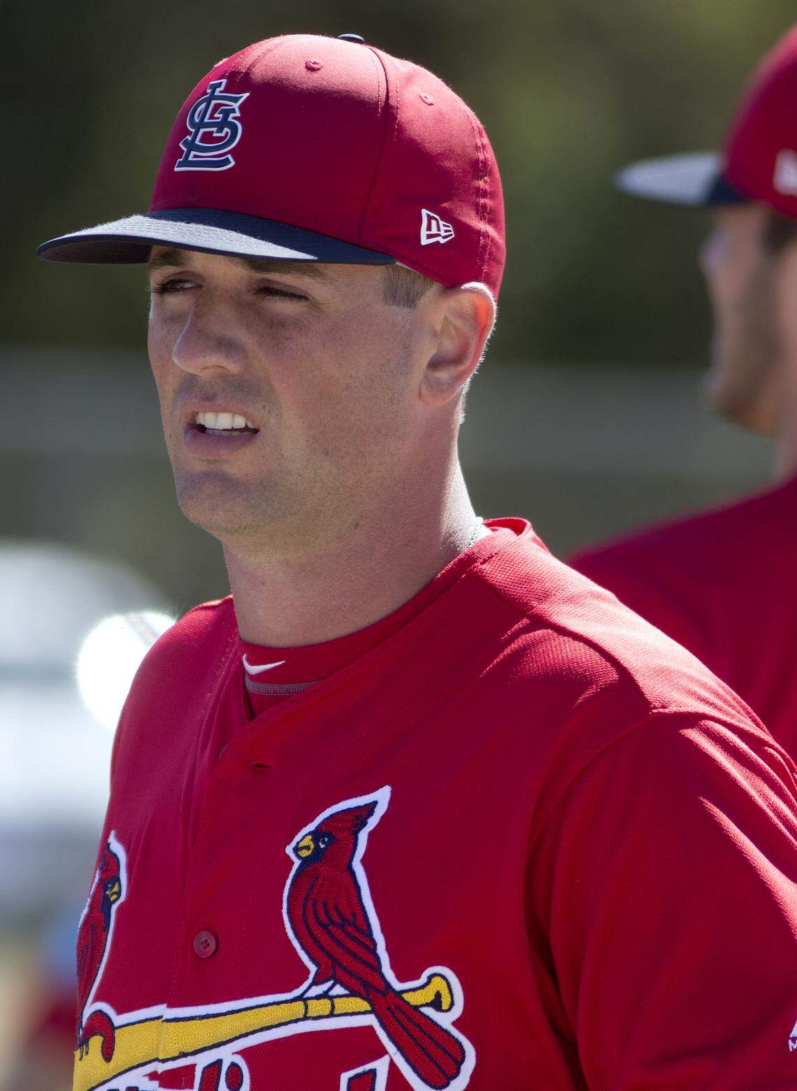 Pitcher Mike Mayers on a back field during spring training in Jupiter, Florida.