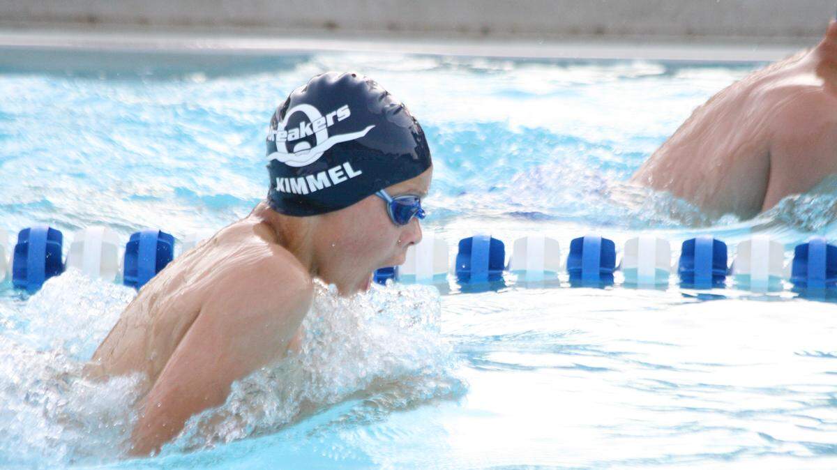 Camden Kimmel swims to a win in the 50-meter breast against the Scott Sharks. The Breakers won the meet 352-175.