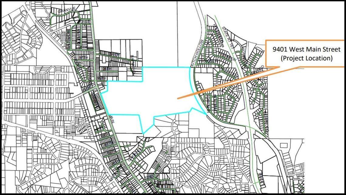 The turquoise line shows the border of Mount Hope Cemetery land, which totals about 132 acres. The orange arrow points to a 25-acre tract where the city of Belleville plans to lease land for a solar farm.