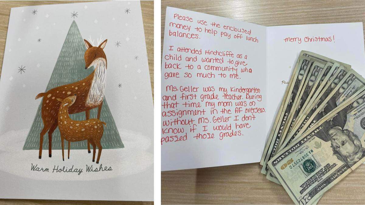 A holiday card dropped off at Hinchcliffe Elementary School in O’Fallon on Friday contained $200 and a note instructing employees to use the money to pay off student lunch balances.
