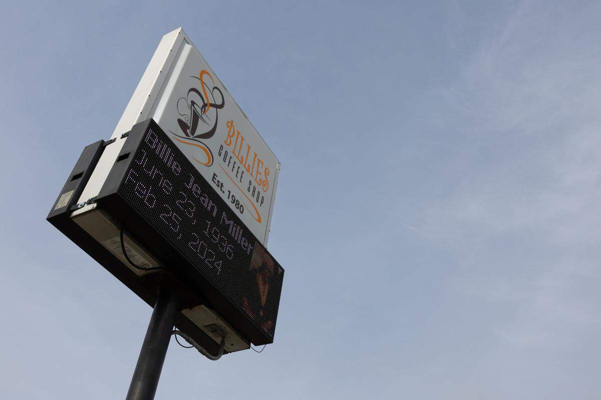 A sign at Billie’s Pastries in East St. Louis, Ill. on March 5, 2024 honoring the late Billie Jean Miller.