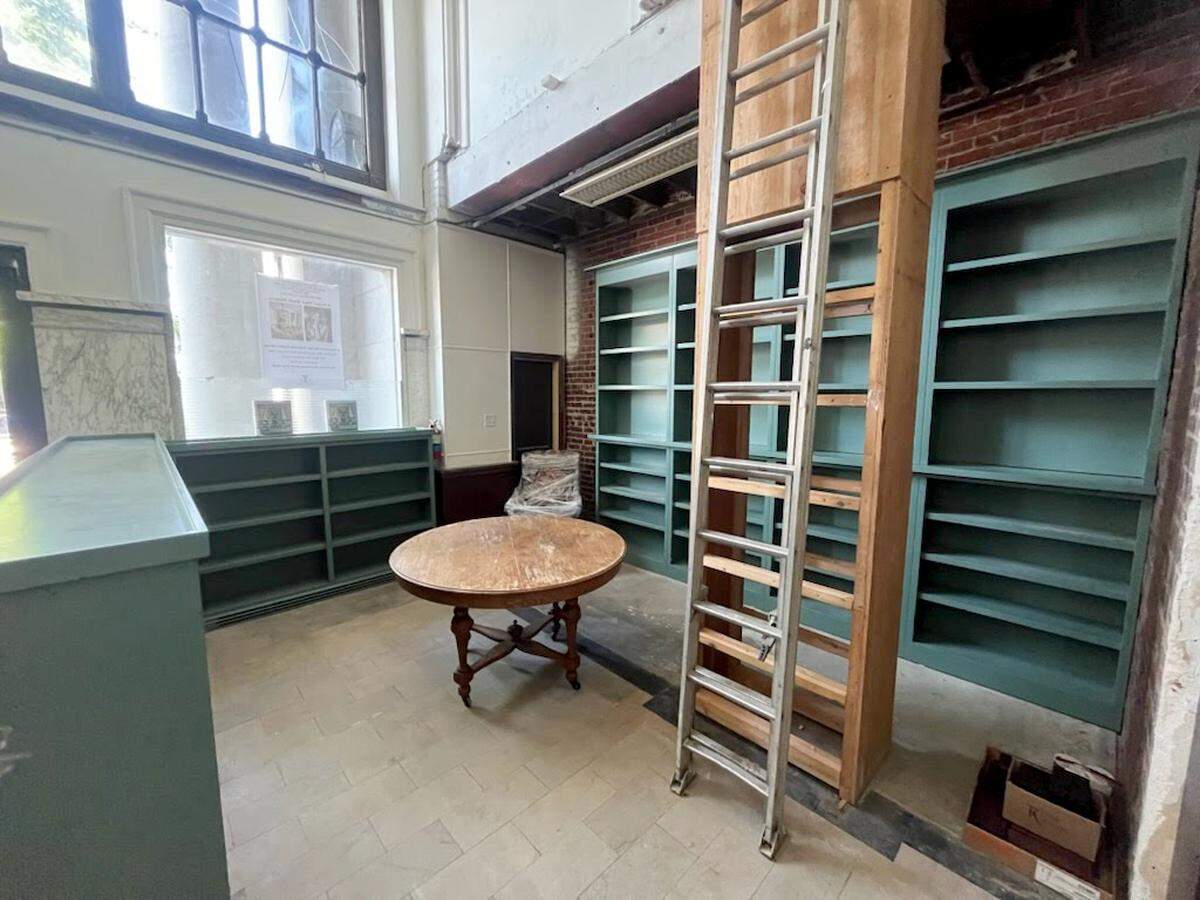 New shelving was installed at Belleville Books in late May. This view is of the children’s section at the front of the store.