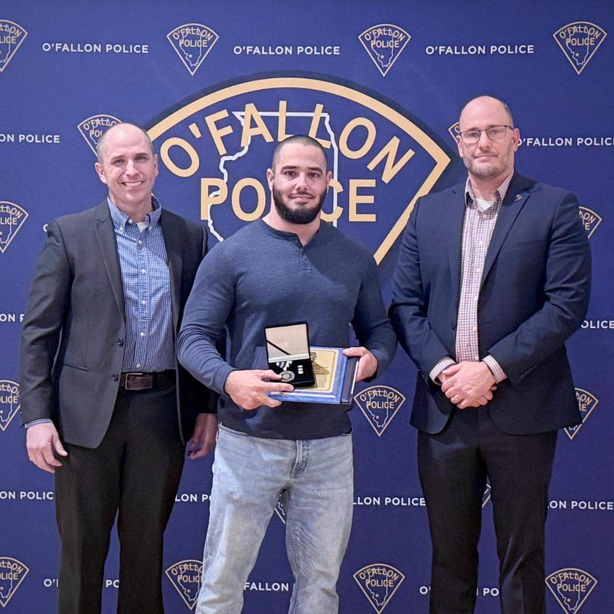 From left to right, O’Fallon Police Capt. Dave Matevey, Officer Brett Johnson, and Chief Kirk Brueggeman.