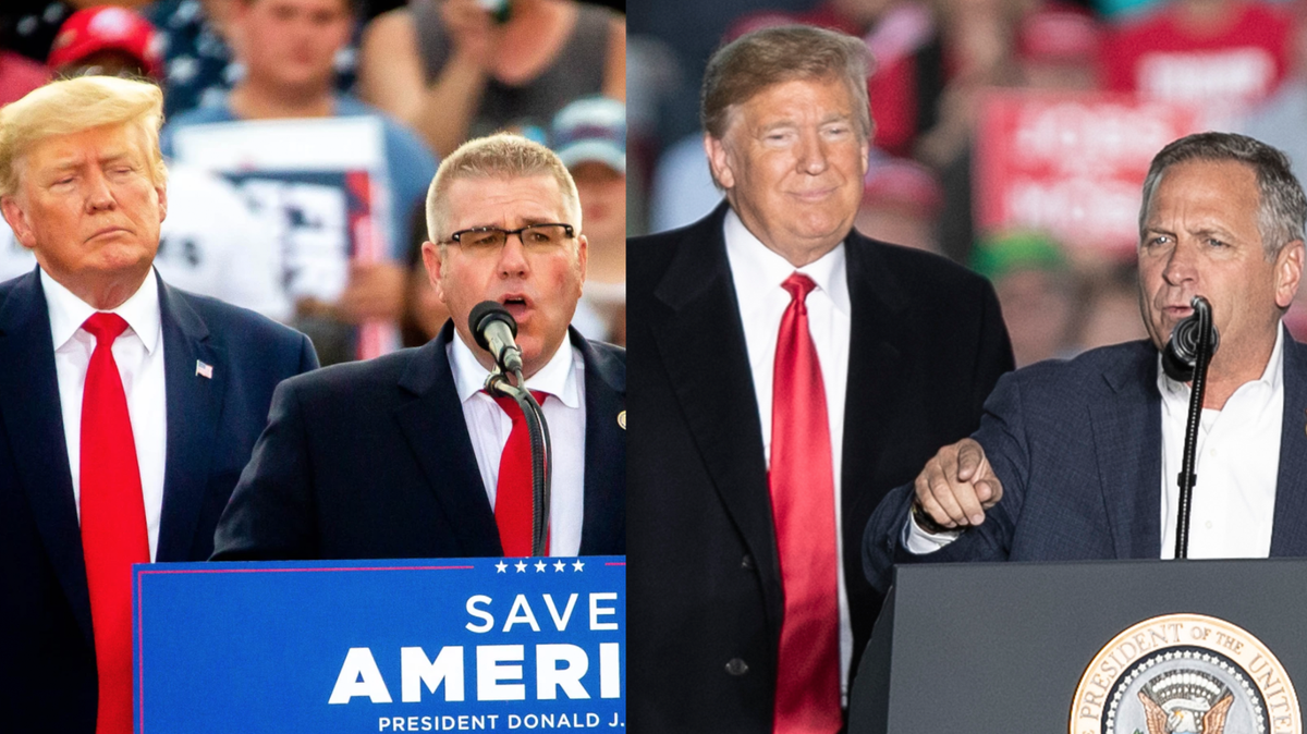 Former President Donald Trump has attended political rallies to express his support for both Mike Bost, right, and Darren Bailey, left, in the past. Now Bost and Bailey are facing off in the 2024 GOP primary for the 12th Congressional District of Illinois. Trump has not yet made an endorsement in the race.