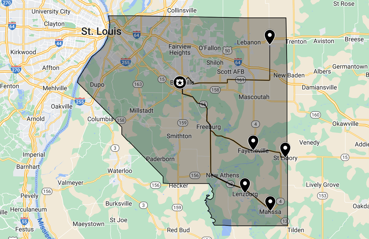 The St. Clair County Sheriff’s Department, based in Belleville, has been helping to cover crime calls for five small villages on the eastern edge of the county when they don’t have officers available: Marissa, Fayetteville, Lenzburg, Summerfield and St. Libory.