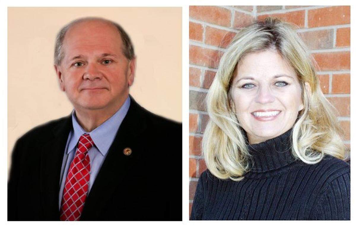 St. Clair County Clerk Tom Holbrook, left, and Clinton County Clerk and Recorder Vicky Albers.