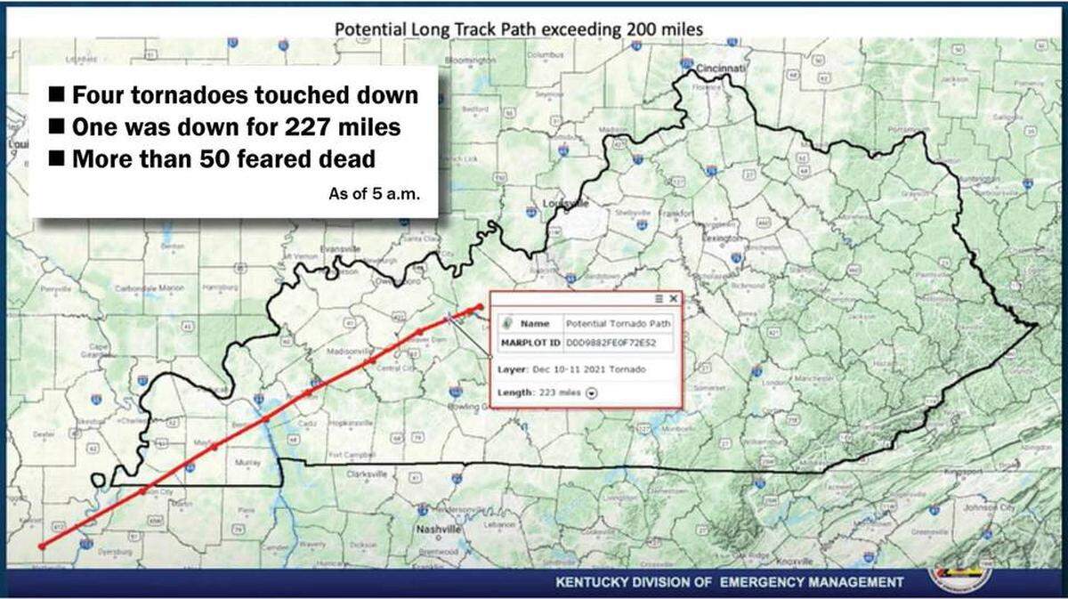 A map showing the path of a weekend tornado that cut through parts of Arkansas and western Kentucky.