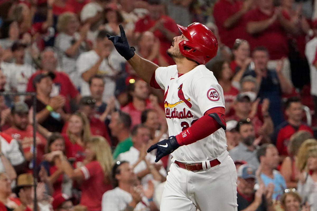 St. Louis Cardinals’ Nolan Arenado celebrates after hitting a solo home run a game against the Milwaukee Brewers in 2021 in St. Louis. Four Cardinals have become first time fathers within the last month, with each having happy and healthy baby girls: Arenado and his wife Laura, Levi; Ryan Helsley and his wife Alex, Eliana; Steven Matz and his wife Taylor, Stevie; JoJo Romero and his fiancee Allyson, Kehlani.