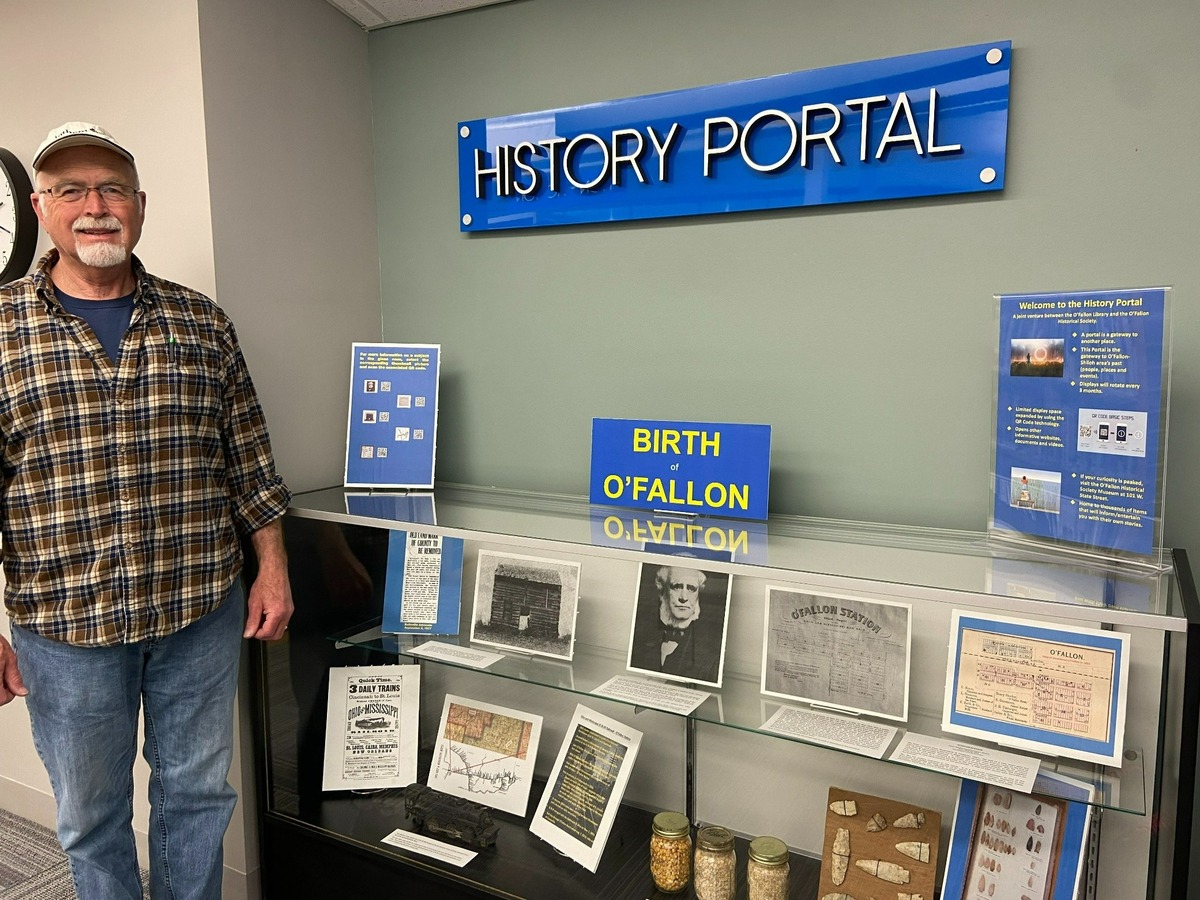 Greg Zelinske, board member of the O’Fallon Historical Society, helped get the History Portal at the O’Fallon Public Library up and running. The History Portal is in a nook on the library’s second floor and features a rotating local history theme every three months to encourage patrons to learn more and visit the O’Fallon Historical Society museum.