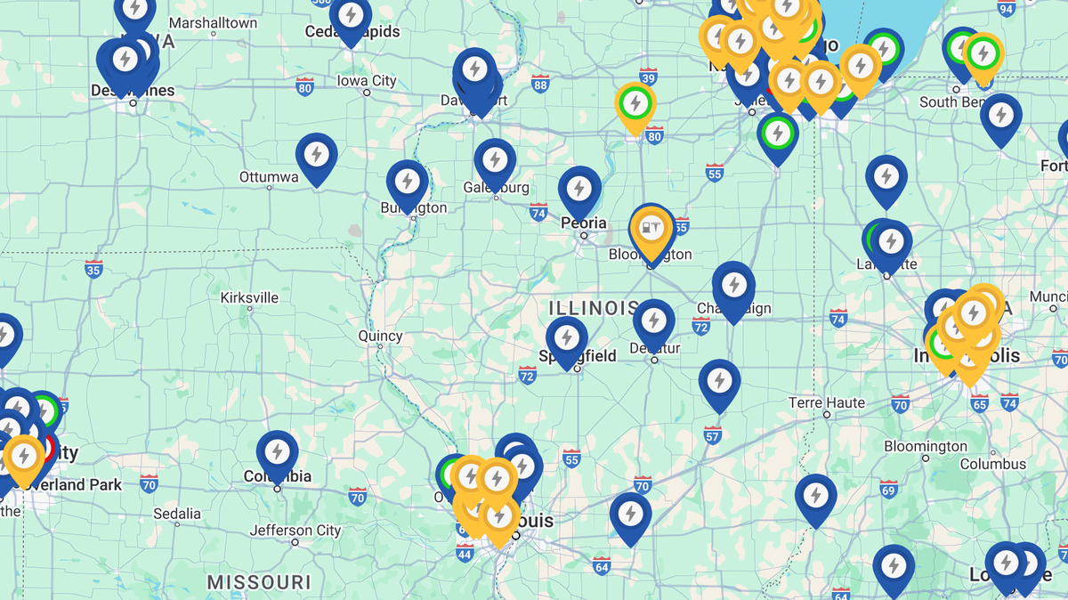 This map shows where electric vehicle charging stations are located throughout Illinois and nearby states.