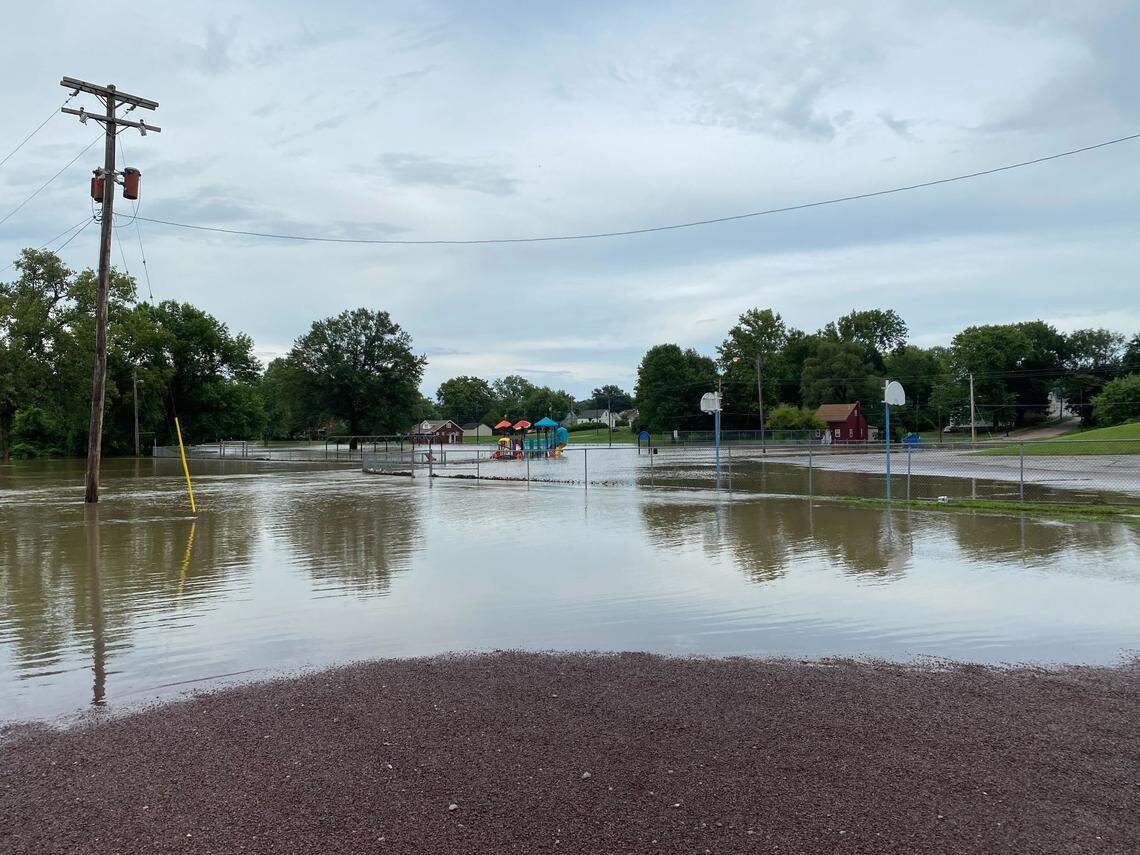 The flooded area north of Franklin Elementary School, including the playground, in Belleville Ill., on July 16, 2024.