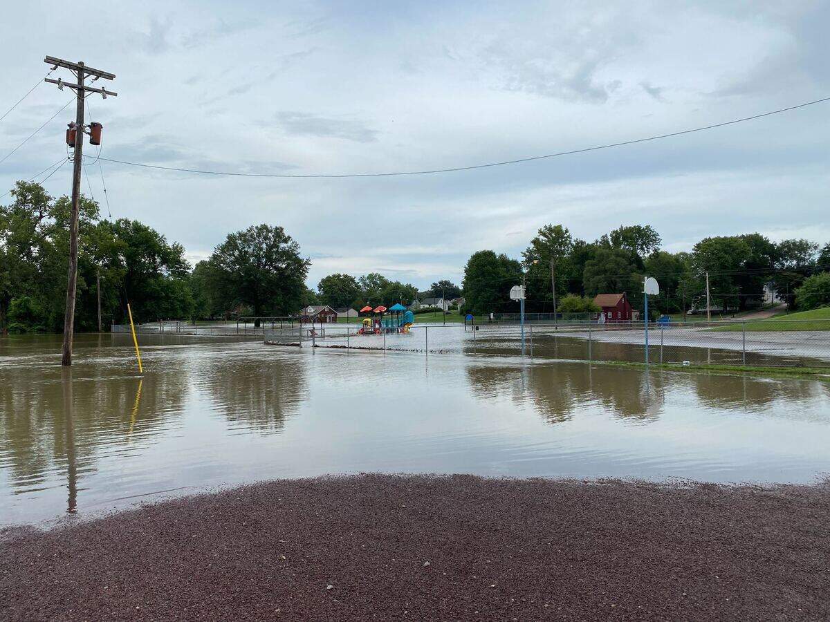 The flooded area north of Franklin Elementary School, including the playground, in Belleville Ill., on July 16, 2024.