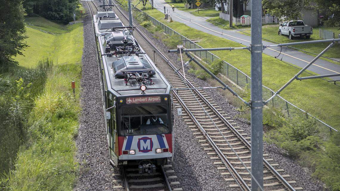 In this BND file photo, a MetroLink train leaves the Belleville Scheel Street station headed to St. Louis Lambert International Airport.
