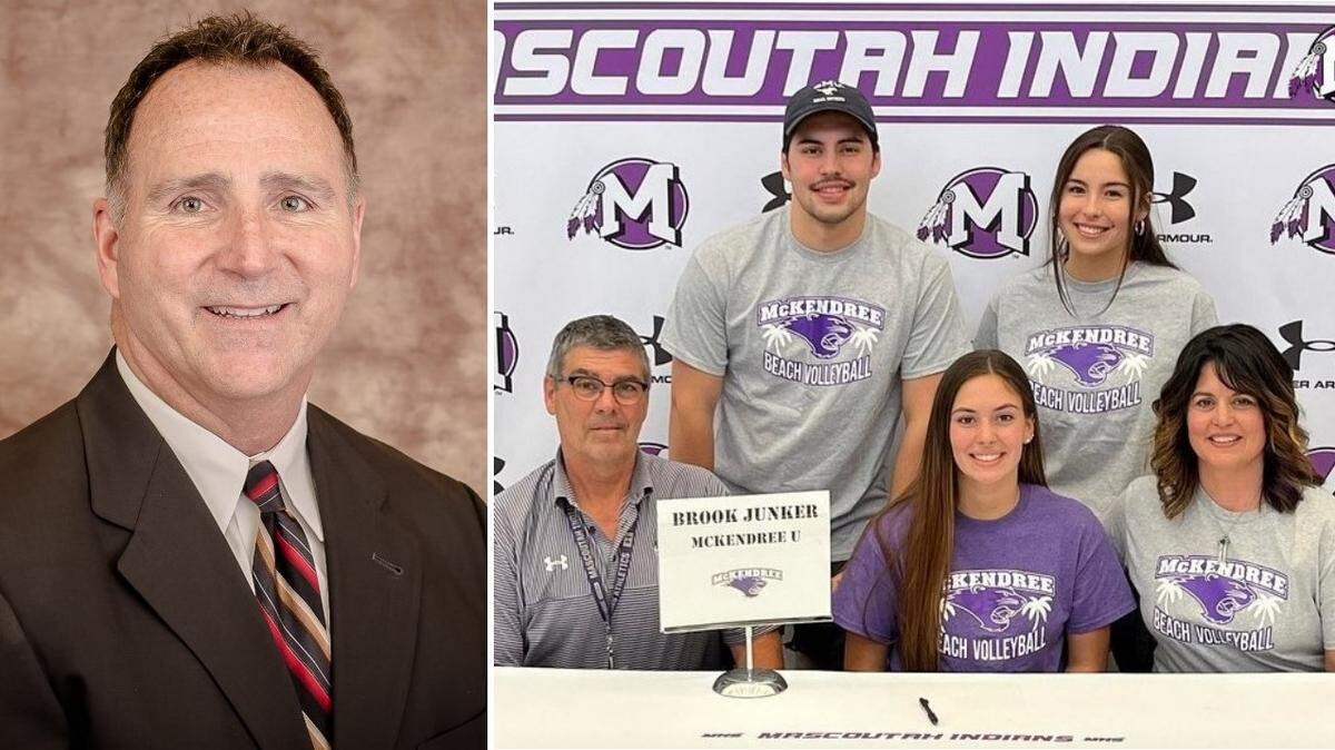 Brooke Junker, center in photo at right, poses with her family in May, when she signed with the new beach volleyball program at McKendree University in Lebanon. She has filed a civil-rights lawsuit against her former coach, Todd Gober, left, at Mascoutah High School.