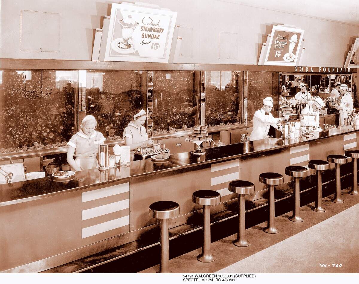 The soda fountain was part of Walgreens stores for decades, with the company’s claim to fame being the 1922 invention of the malted milkshake by a soda jerk.