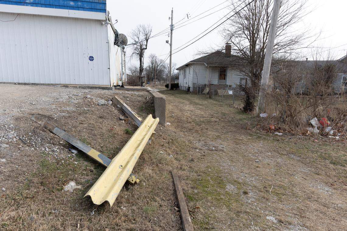 The retaining wall behind OG Super Rainbow Liquor store at 4510 State St. in East St. Louis.