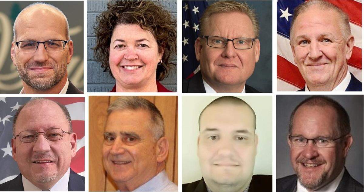 Metro-east officials weighing in on Illinois grocery taxes include, clockwise from upper left, O’Fallon City Administrator Walter Denton, Belleville Mayor Jenny Gain Meyer, Troy City Administrator Jay Keeven, Bethalto Mayor Gary Bost, Fairview Heights Mayor Mark Kupsky, East Alton Treasurer Josh Curren, Belleville Ward 3 Alderman Kent Randle and Lebanon City Clerk Paul Grob.