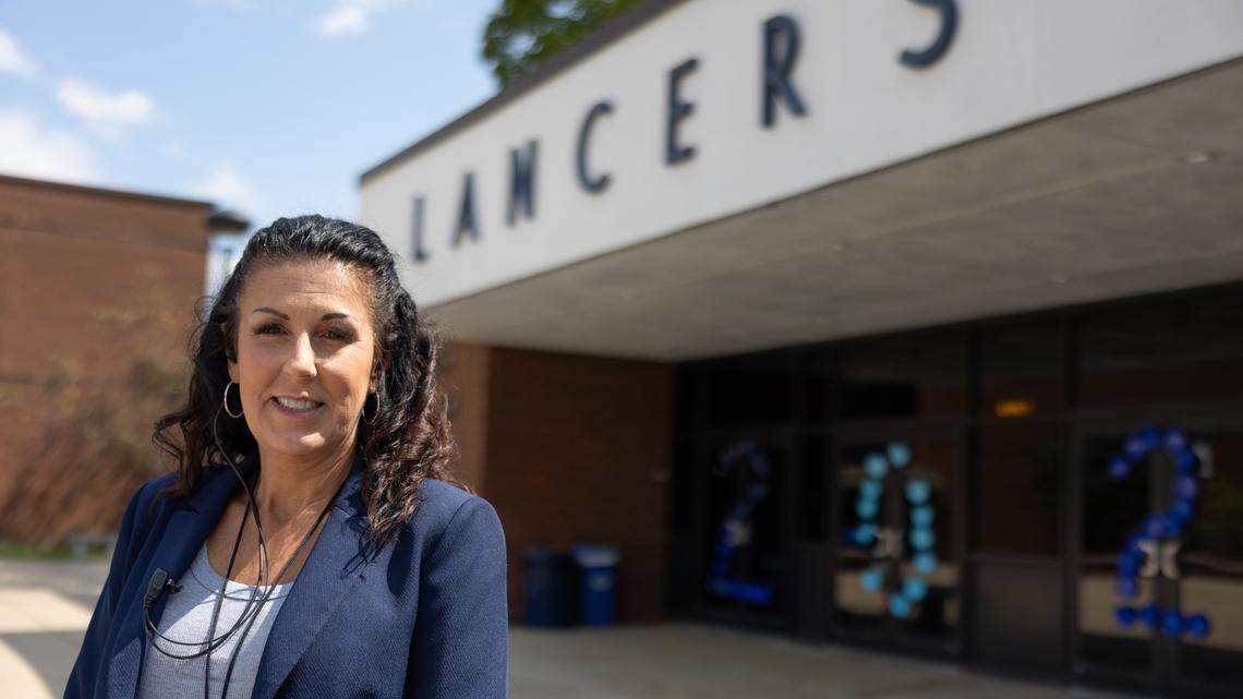 Belleville East Principal Andrea Gannon stands at Belleville East High School on Aug. 20, 2024.