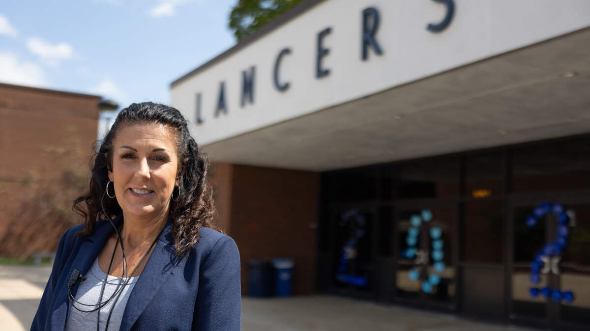 Belleville East Principal Andrea Gannon stands at Belleville East High School on Aug. 20, 2024.