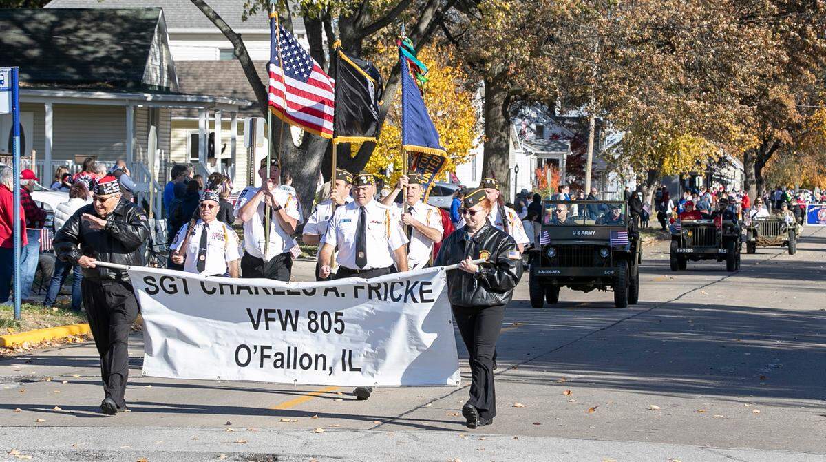 Members of the Sgt. Charles A. Fricke VFW Post 805 march in the annual Veterans Day parade in O’Fallon last year. Maurice Bridges, the state junior vice commander at the VFW, will be working closely with the new district commander, Rod Thompson, who is a member of O’Fallon VFW Post 805, with outreach for local veterans.