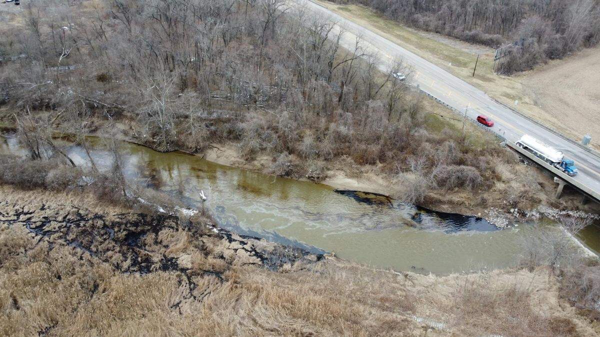 An Edwardsville pipeline operated by energy company Marathon Pipe Line leaked oil on Friday, March 11, 2022, some of which flowed into Cahokia Creek. A citizen captured this image of the creek with a drone camera at 1 p.m. Friday.