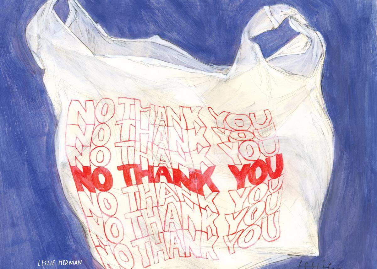 Artist Leslie Herman, of Richmond, Virginia, lent his gouache-and-ink painting of a single-use plastic bag to the Bring Your Own Glen-Ed group, which is using it on their website and Facebook page. The bag reads “NO THANK YOU” instead of the usual “THANK YOU.”